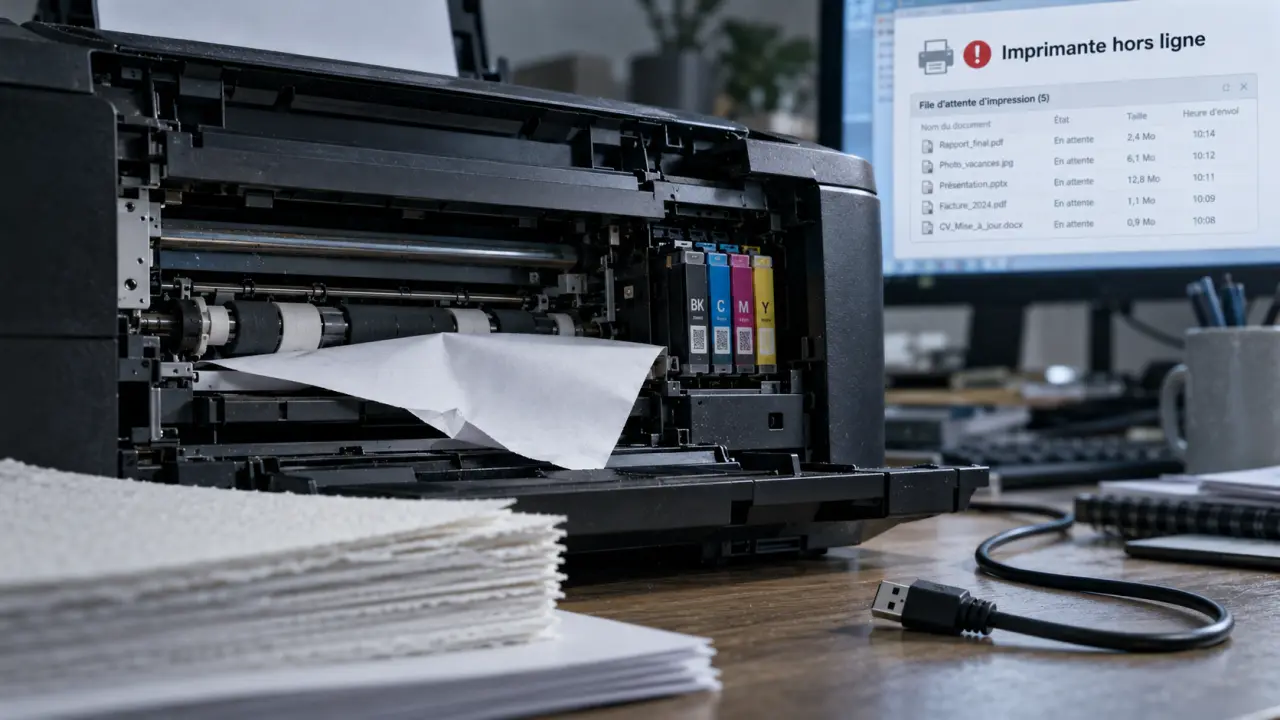 Pourquoi mon imprimante n'imprime pas : câble USB et cartouches, feuille coincée